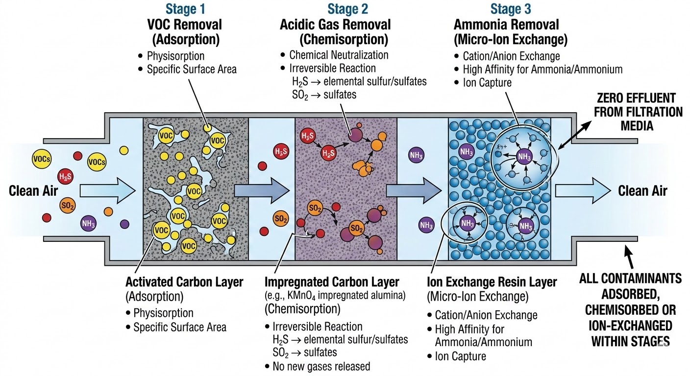 Adsorption, Chemisorption and Micro Ion Exchange – the three mechanisms of molecular filtration Comparison of three gas removal mechanisms – physisorption on activated carbon, chemisorption on impregnated carbon, and micro ion exchange on polymer resins – ISO 10121 molecular filtration
